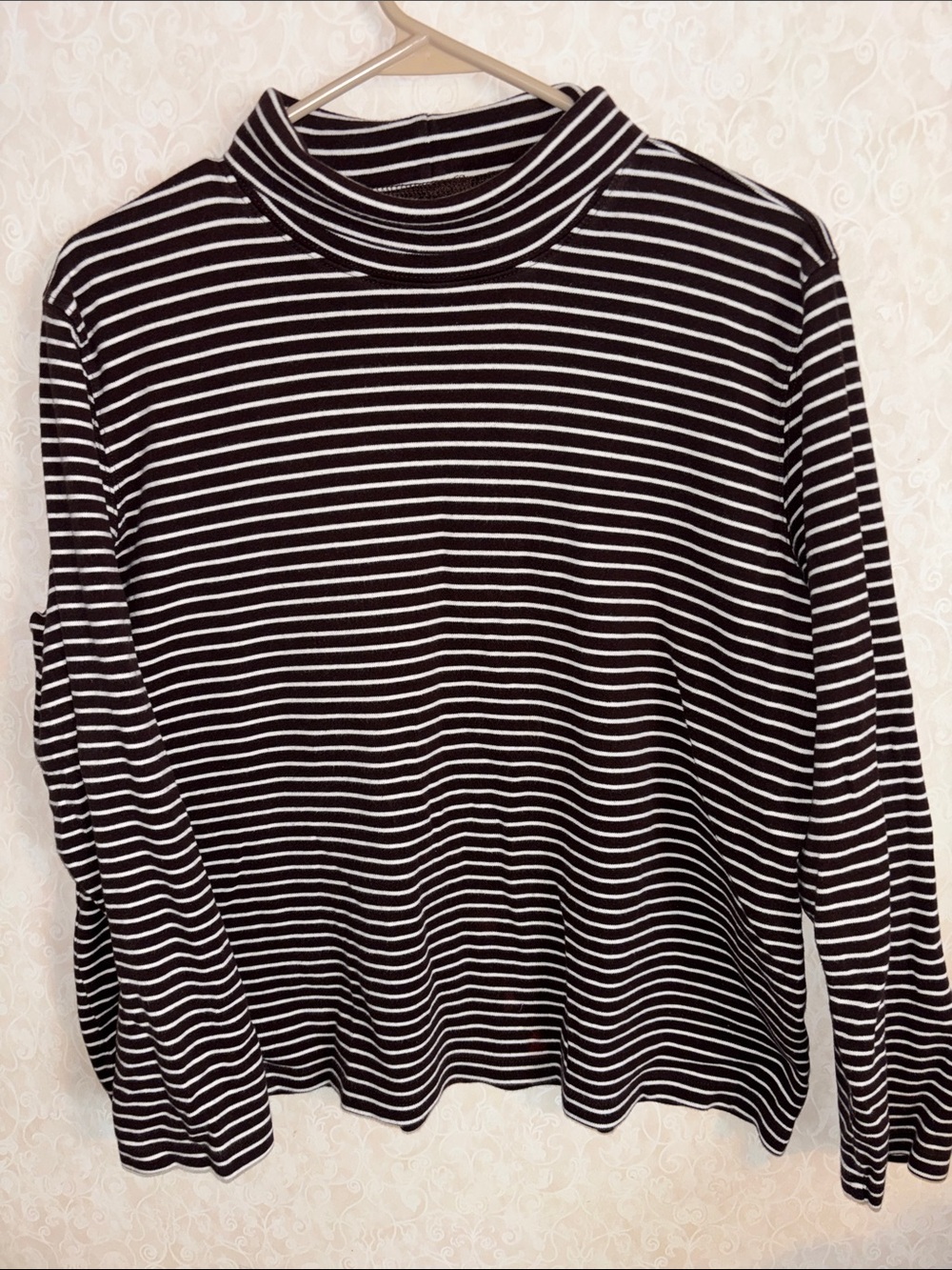 Lands' End Black & White Striped Mock Neck Long-Sleeve Top